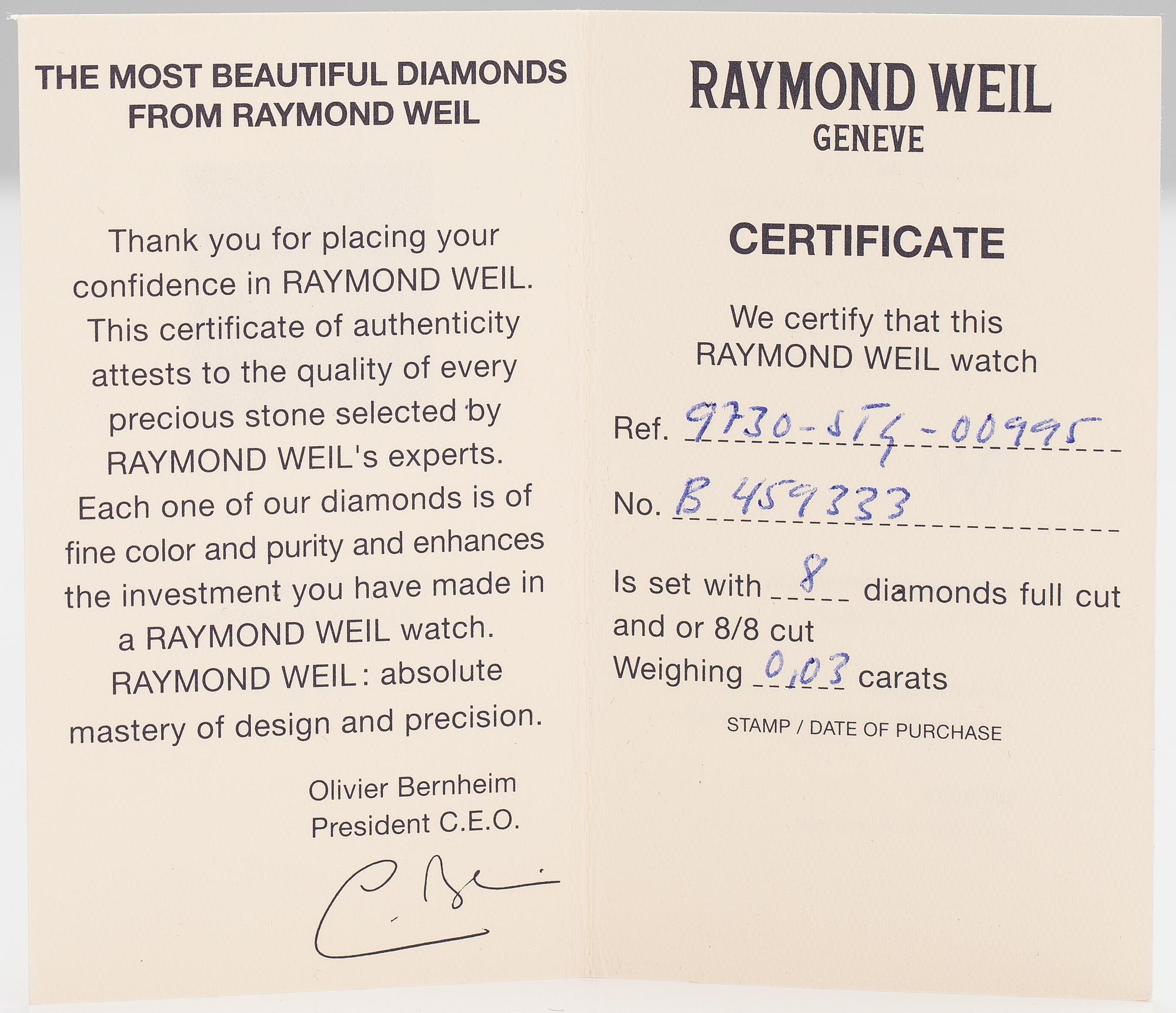 RAYMOND WEIL, Parsifal, rannekello, 22 x 14 mm.
