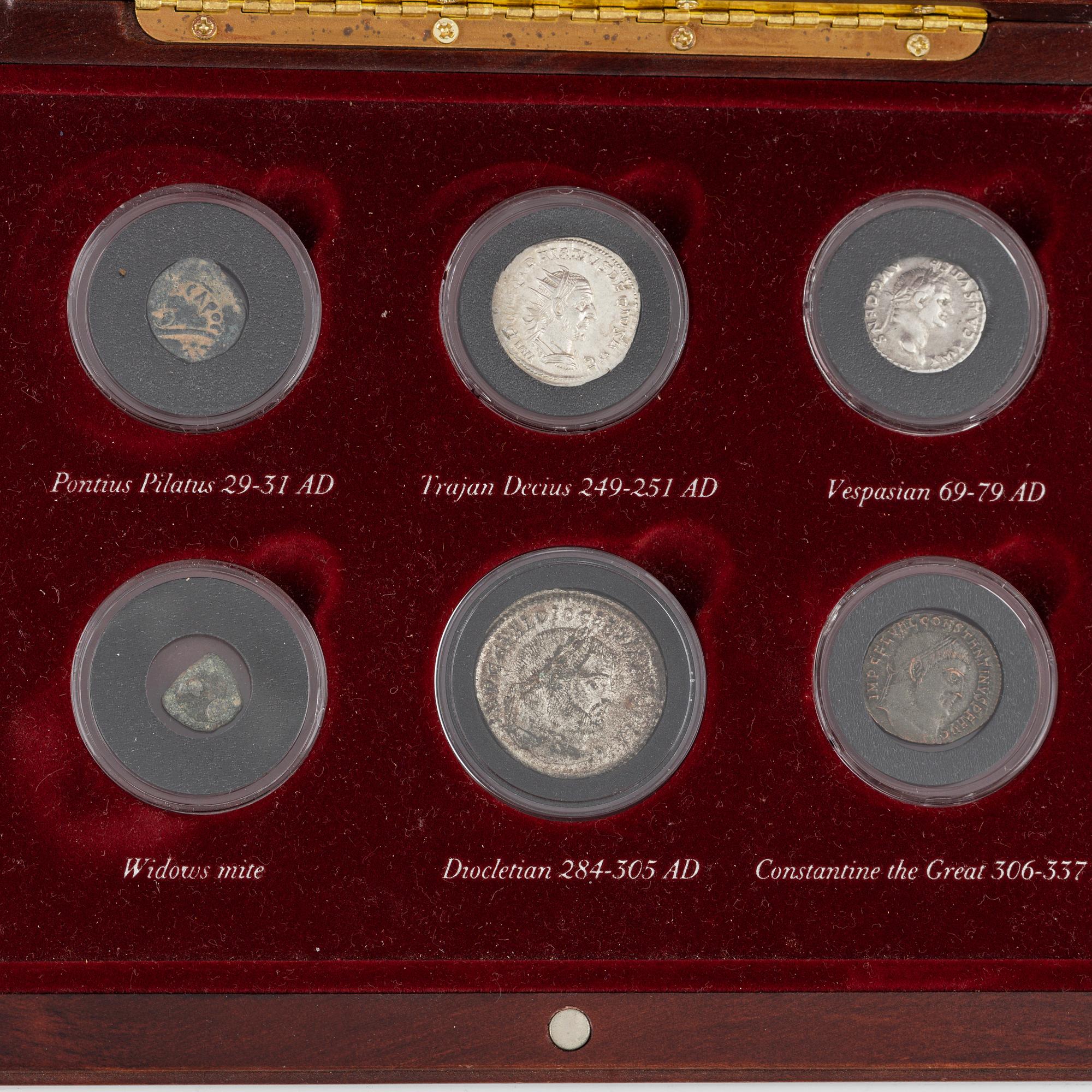 'Coins from early christianity', a set of six antique coins in case.