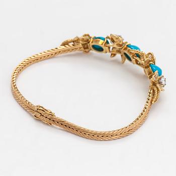 An 18K gold bracelet, turquoises and brilliant-cut diamonds totalling approximately 0.90 ct by René Kern, Germany.