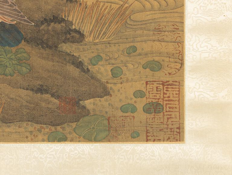 A Chinese scroll painting by unidentified master, four ducks resting by a blooming pond, 20th century.