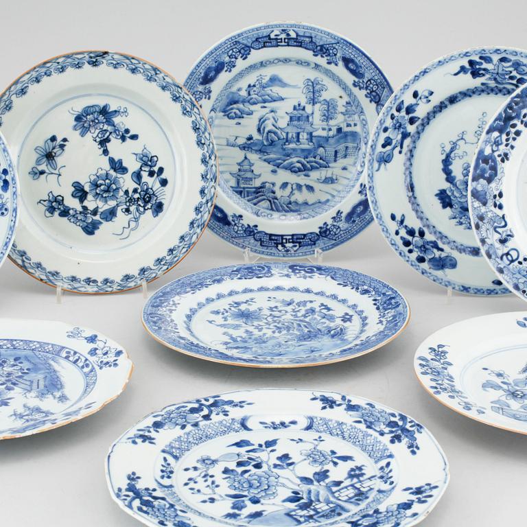 Nine blue and white dinner plates, Qianlong (1736-95).