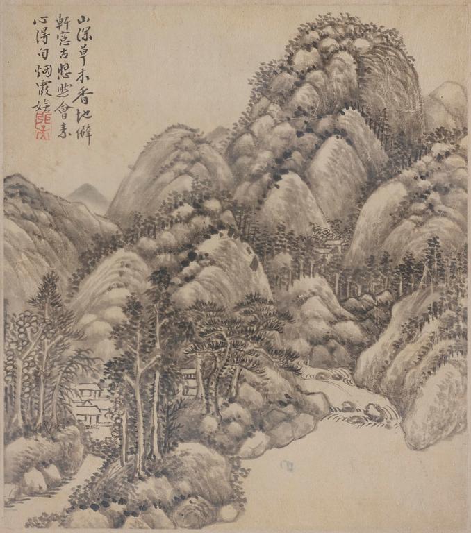 Zhang Geng (1685-1760), albumblad, nio stycken, akvarell och tusch på papper. Qingdynastin, daterad 1728.