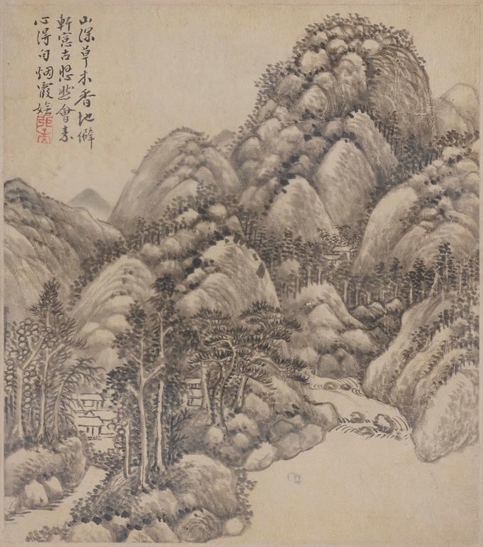 Zhang Geng (1685-1760), albumblad, nio stycken, akvarell och tusch på papper. Qingdynastin, daterad 1728.