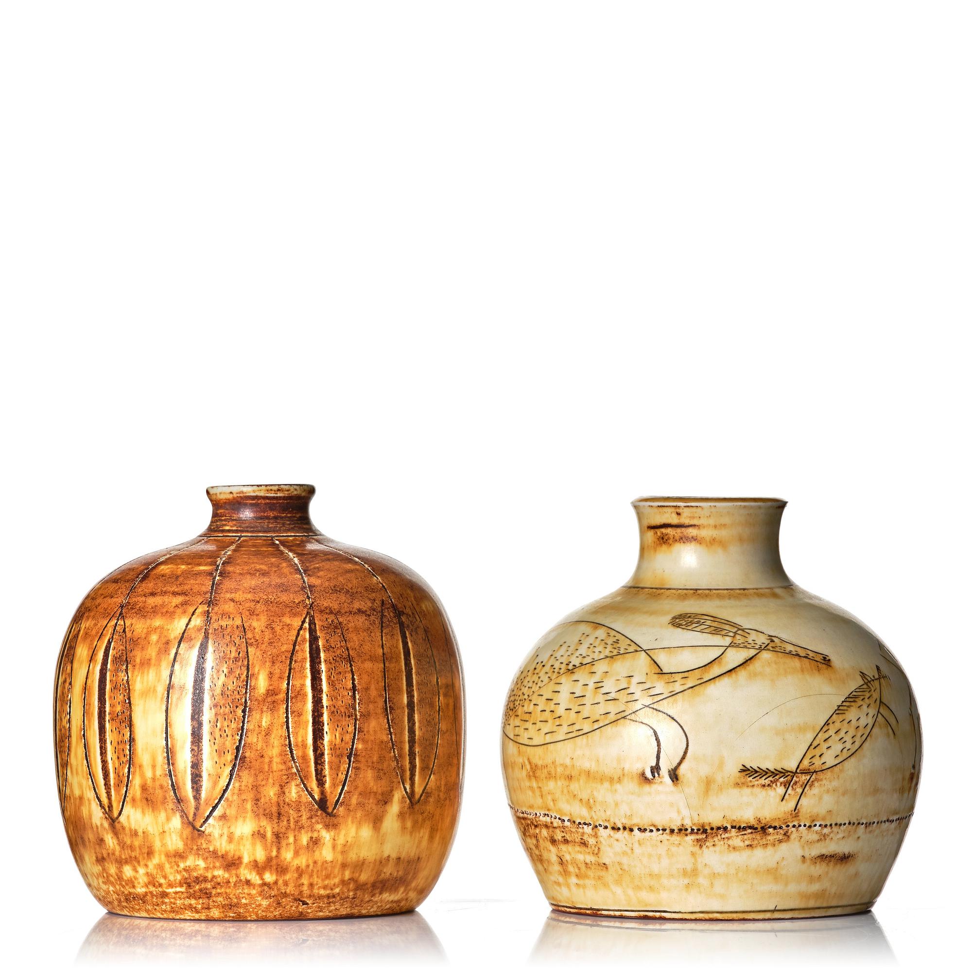 Anders Bruno Liljefors, two stoneware vases, Gustavsberg studio, Sweden ca 1949-50.