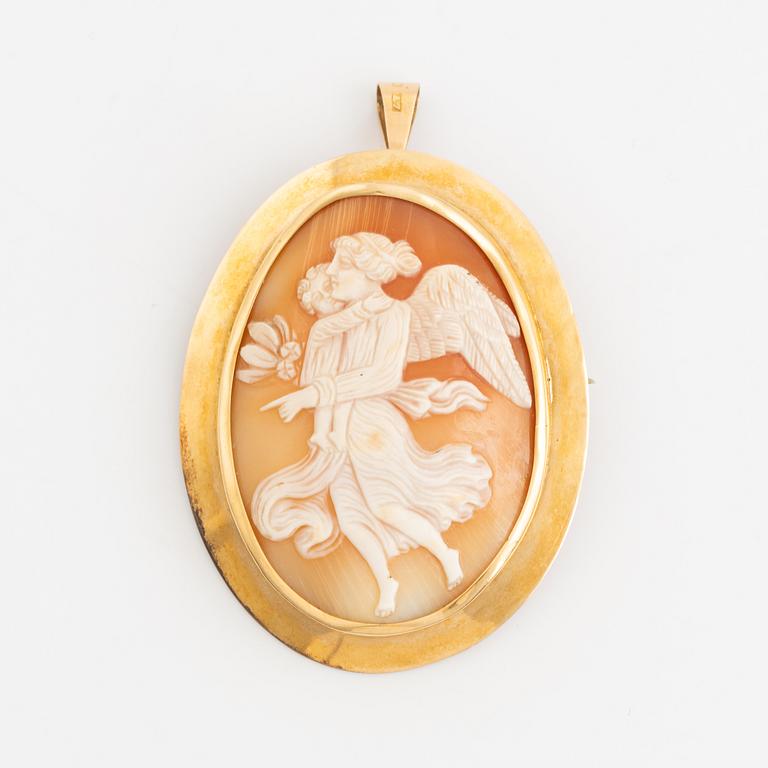 Brooch/pendant, 18K gold with shell cameo.