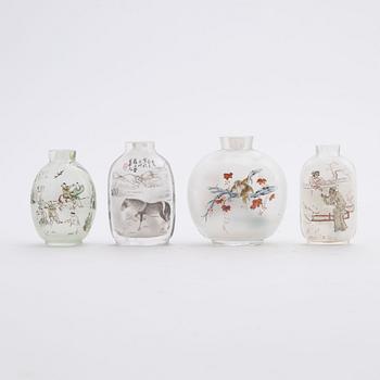 Four Chinese glass snuff bottles and one blue monochrome porcelain bowl, 20th century and modern manufacturing.