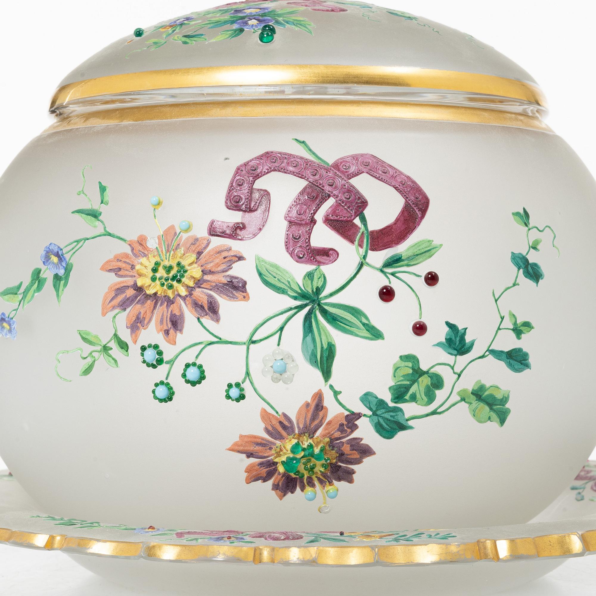 Punch bowl with lid and tray, frosted glass, Germany, circa 1900.