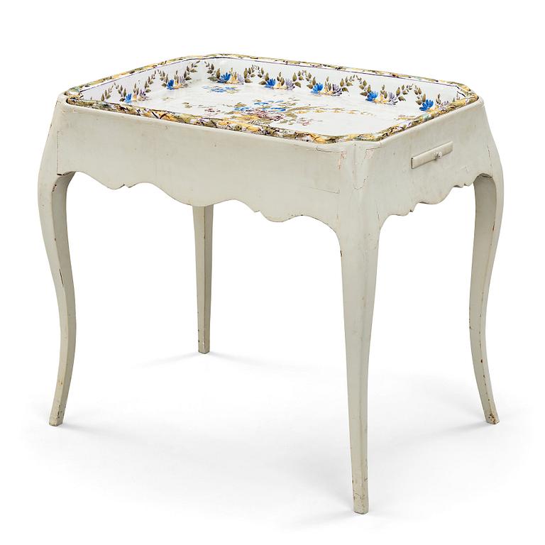 A Swedish Rococo faience tea table, dated 1774.