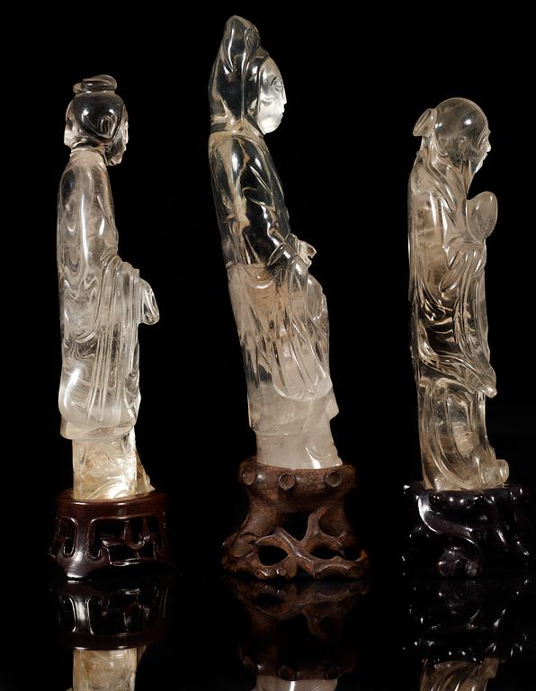 A set of  three rock chrystal figures, late Qing dynasty.