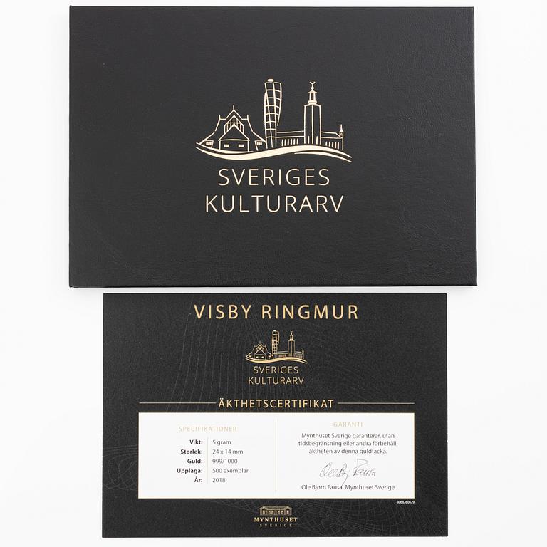 Gold bar, 999.9. “Visby City Wall”, Schöne Edelmetaal.
