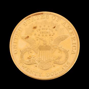 GULDMYNT, fine gold, 20 dollars, Liberty, USA. 1900. Vikt ca 33 gram.