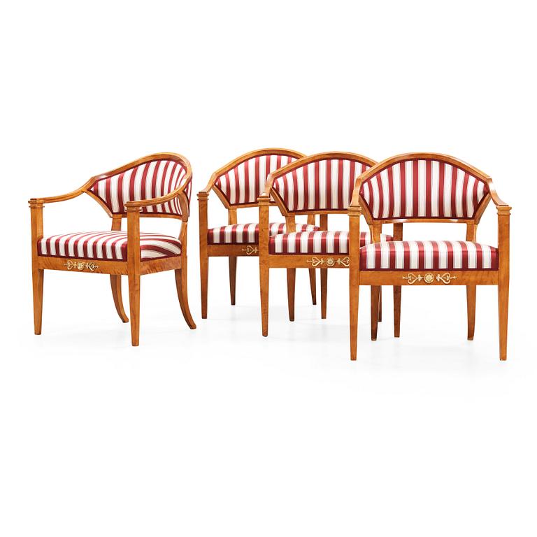 Four Swedish Empire first half 19th century armchairs.