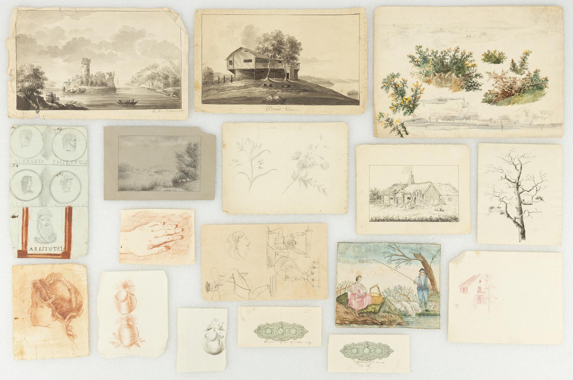 Diverse teckningar, 17 st, 17/1800-tal. Bl a "Ornäs Dalarna", "Aristoteles".
