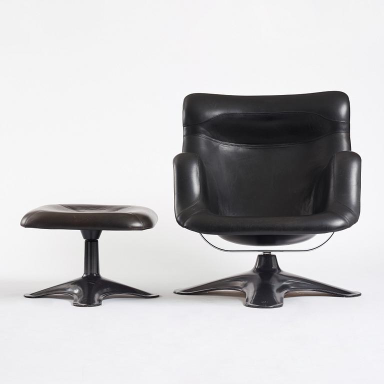 Yrjö Kukkapuro, a "Karusellii" fibre glass and black leather lounge chair and ottoman, Haimi, Finland, 1960-70's.