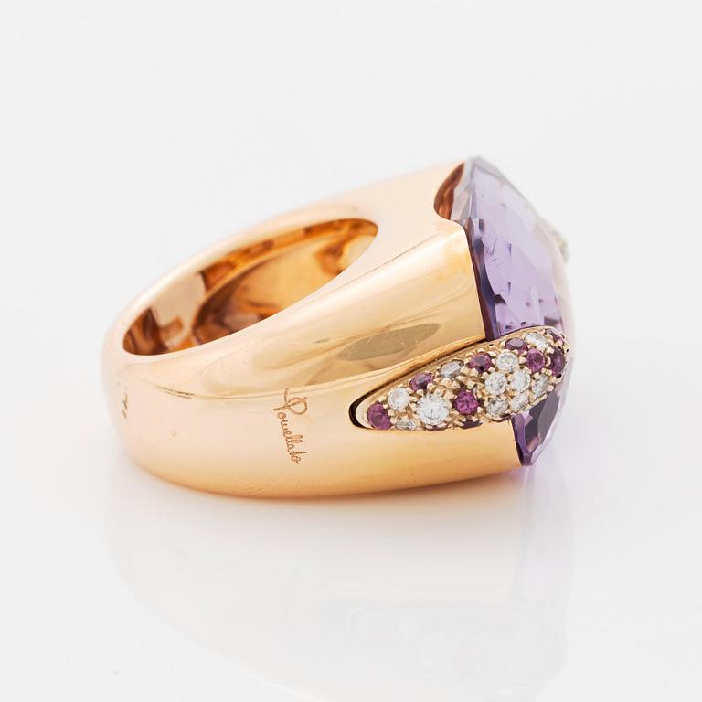 A Pomellato ring set with amethysts and round brilliant-cut diamonds.