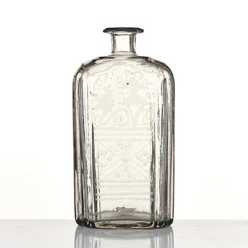 Flaska, glas. Troligen Skånska glasbruket, 1700-tal.