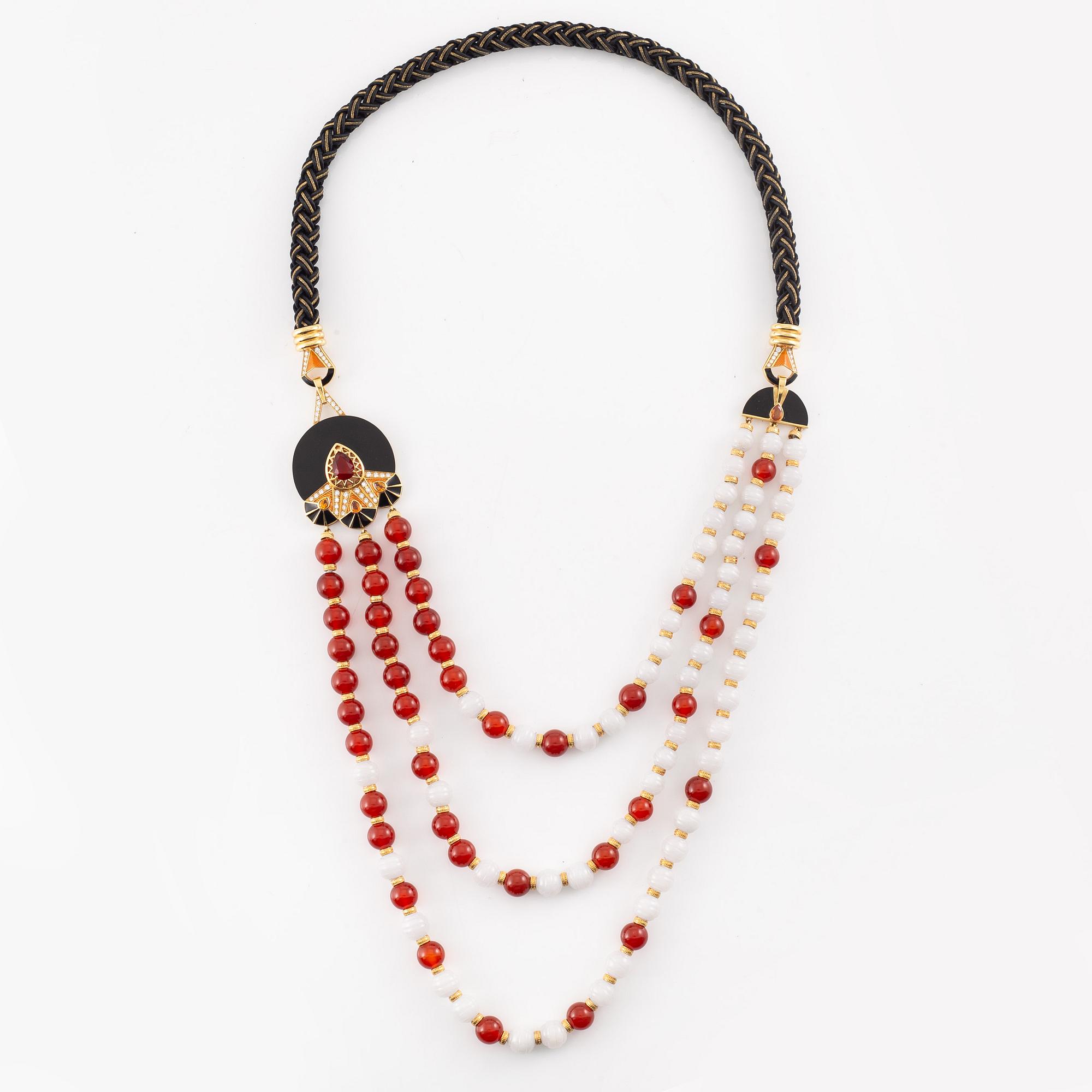 Lalique, necklace, "L'Oiseau de Feu", 18K gold with fire opal, sapphires, and diamonds on black jade.