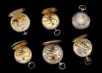 FICKUR, 6 st, varav tre silver, tre vitmetall, bl a Eterna, 1900-talets första hälft.