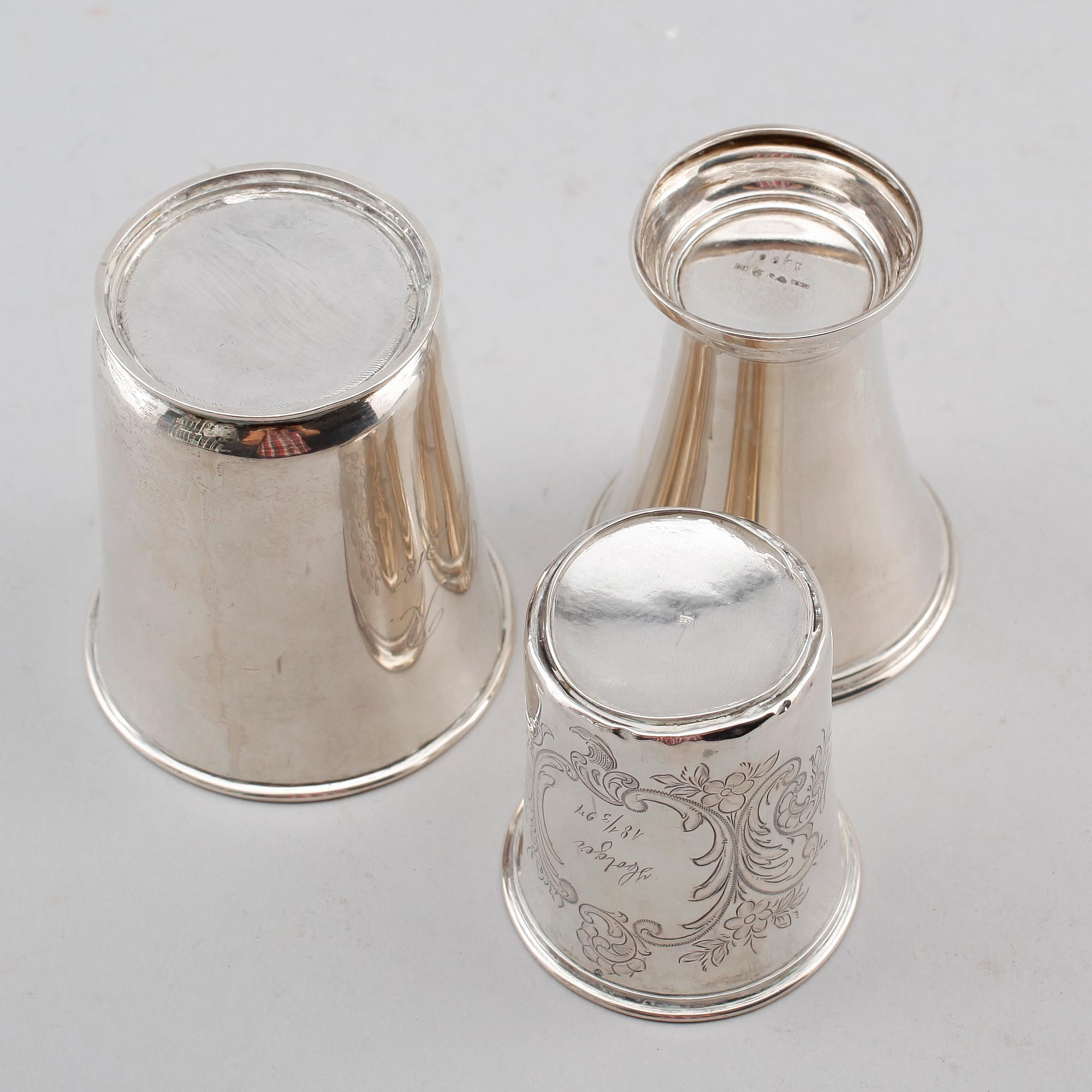 BÄGARE, 3 st, silver, 1800-/1900-tal. Vikt ca 224 gram.