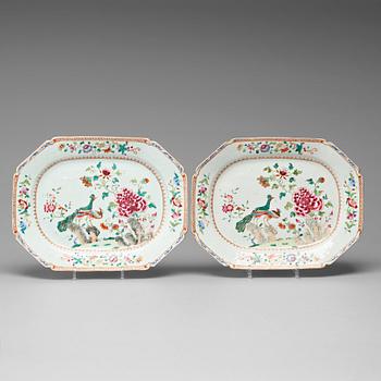 A pair of famille rose double peacock serving dishes, Qing dynasty, Qianlong (1736-95).