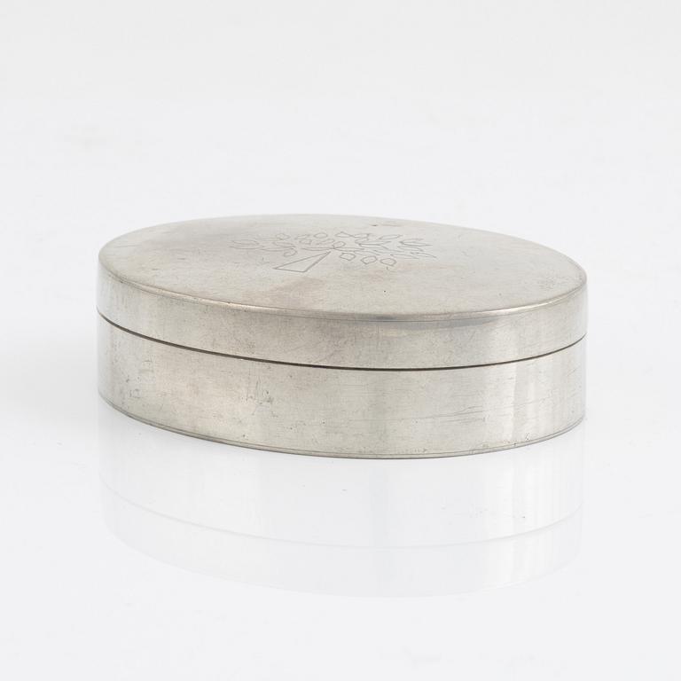 Mulberry, ash box with lid, pewter, 20th century.