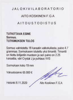 Sormus, 18K valkokultaa, briljanntihiottu timantti n. 2.25 ct todistuksen mukaan.