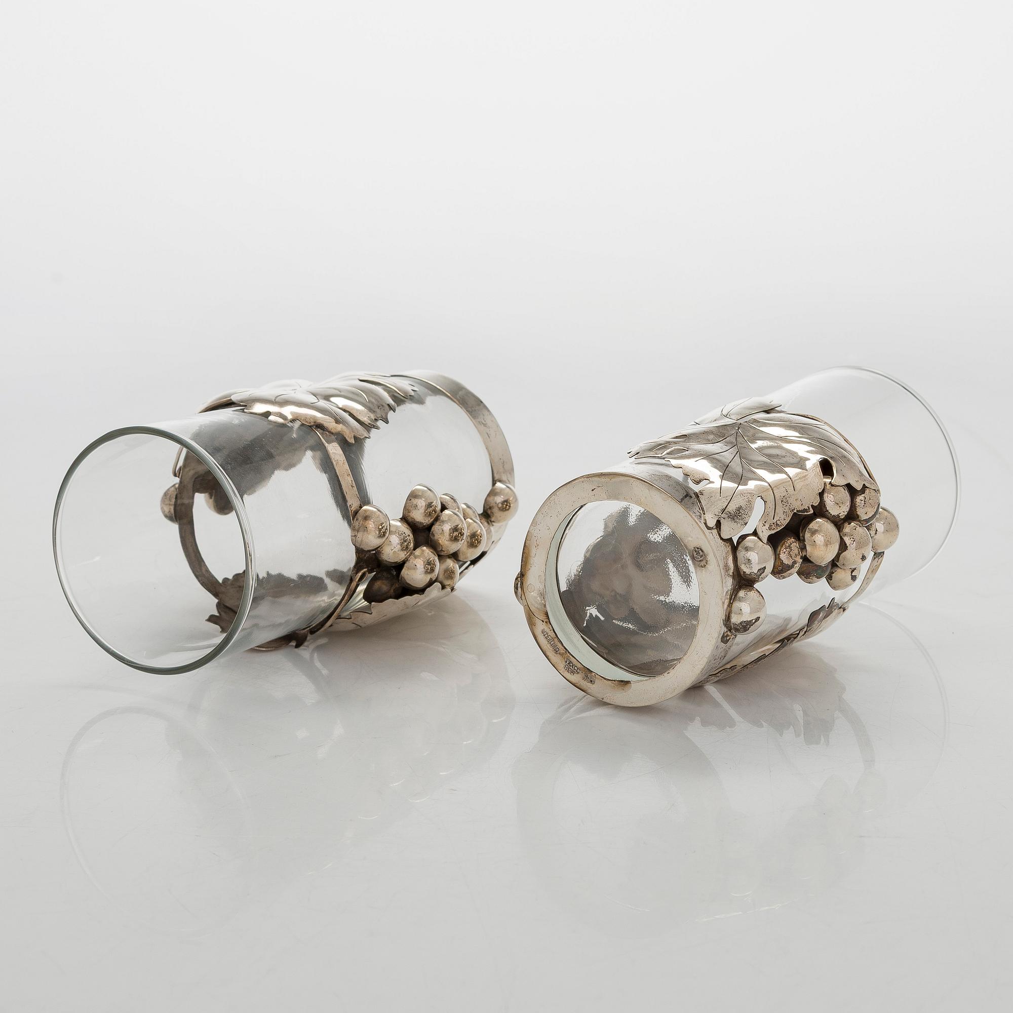 Juomalaseja, 8 + 1 kpl, hopeaa ja lasia,  Rancho Alegre Mexico 1900-luvun puoliväli.