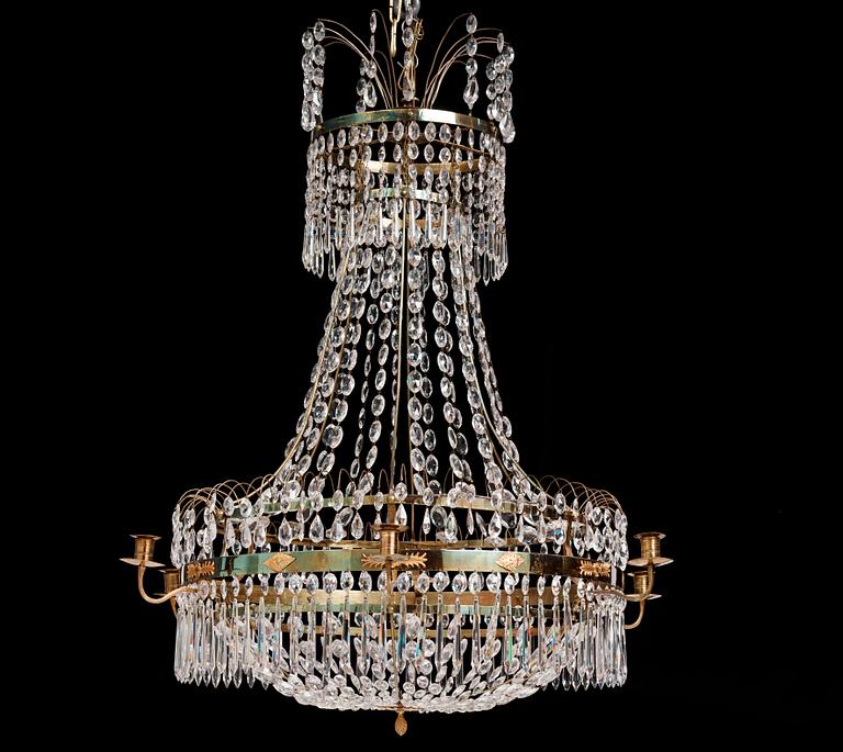 A late Gustavian gilt-brass and cut-glass six-light chandelier, Stockholm, circa 1800.