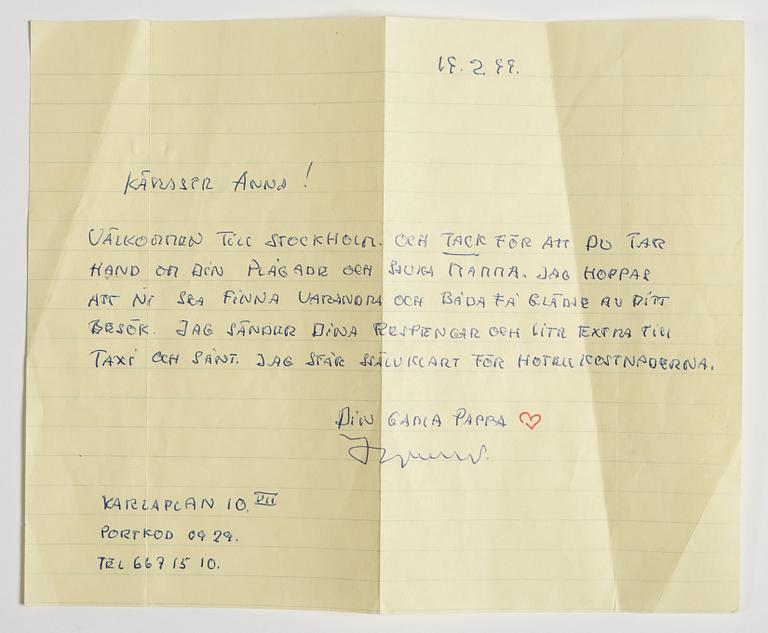BREV från Ingmar Bergman till dottern Anna i Stockholm, daterat Karlaplan 10, 19.2.(19)99. Kuvert medföljer.