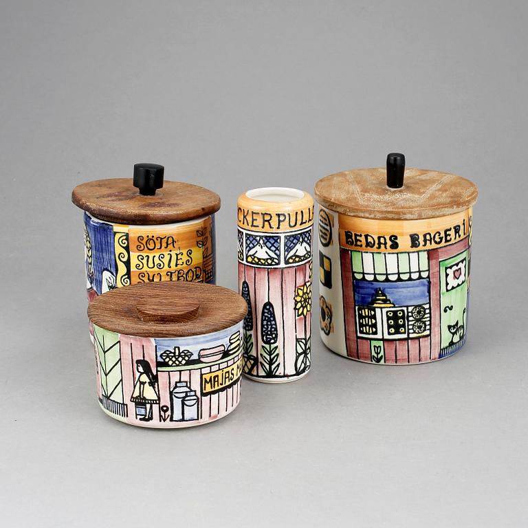 BURKAR 3 st "Vår lilla stad" och SOCKERRUSKA "Sockerpullan", Anita Nylund, Jie, Gantofta, 1950-60-tal.