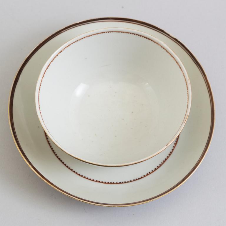 Three Chinese porcelain cups and saucers, late 18th Century.