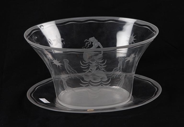 SKÅL PÅ FAT, glas, Orrefors, 1920/30-tal.