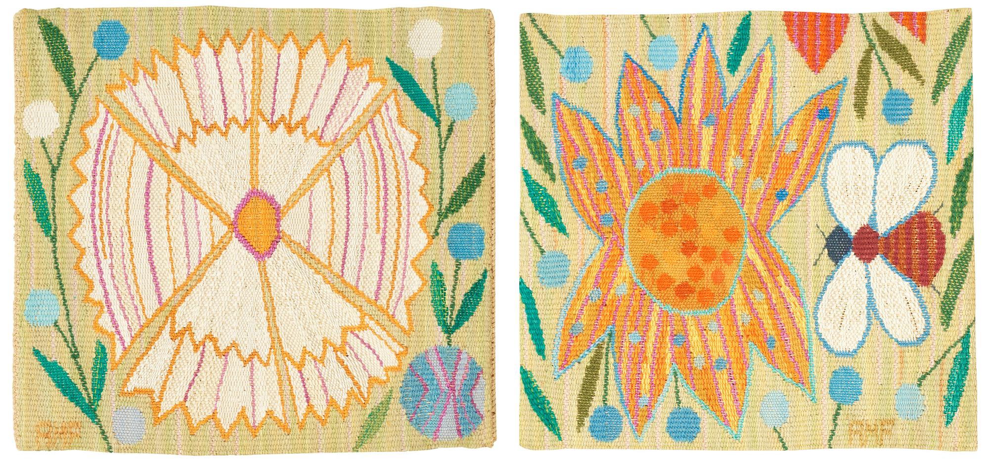 TEXTILES, 1 pair. "Vit blomma" och "Gul blomma med bi". Tapestry weave (gobelängvariant). 28 x 30,5 and 28 x 30 cm.