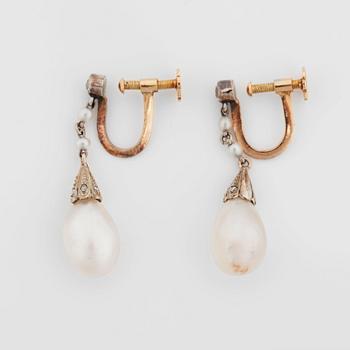 A pair of natural saltwater pearl and rose-cut diamond earrings.