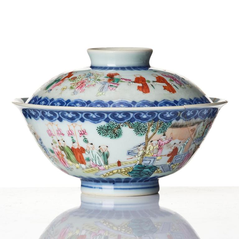A famille rose 'boys at play' cup with cover, Qing dynasty, Qianlong mark.