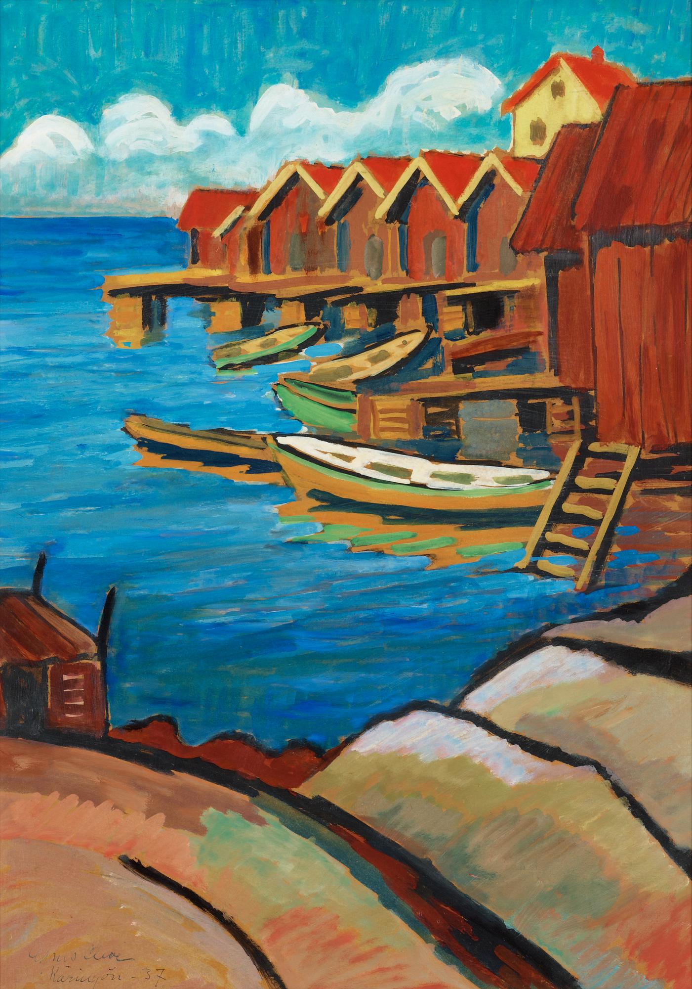 Agnes Cleve, "Båtar och sjöbodar, Käringön" (Costal motif, Sweden).