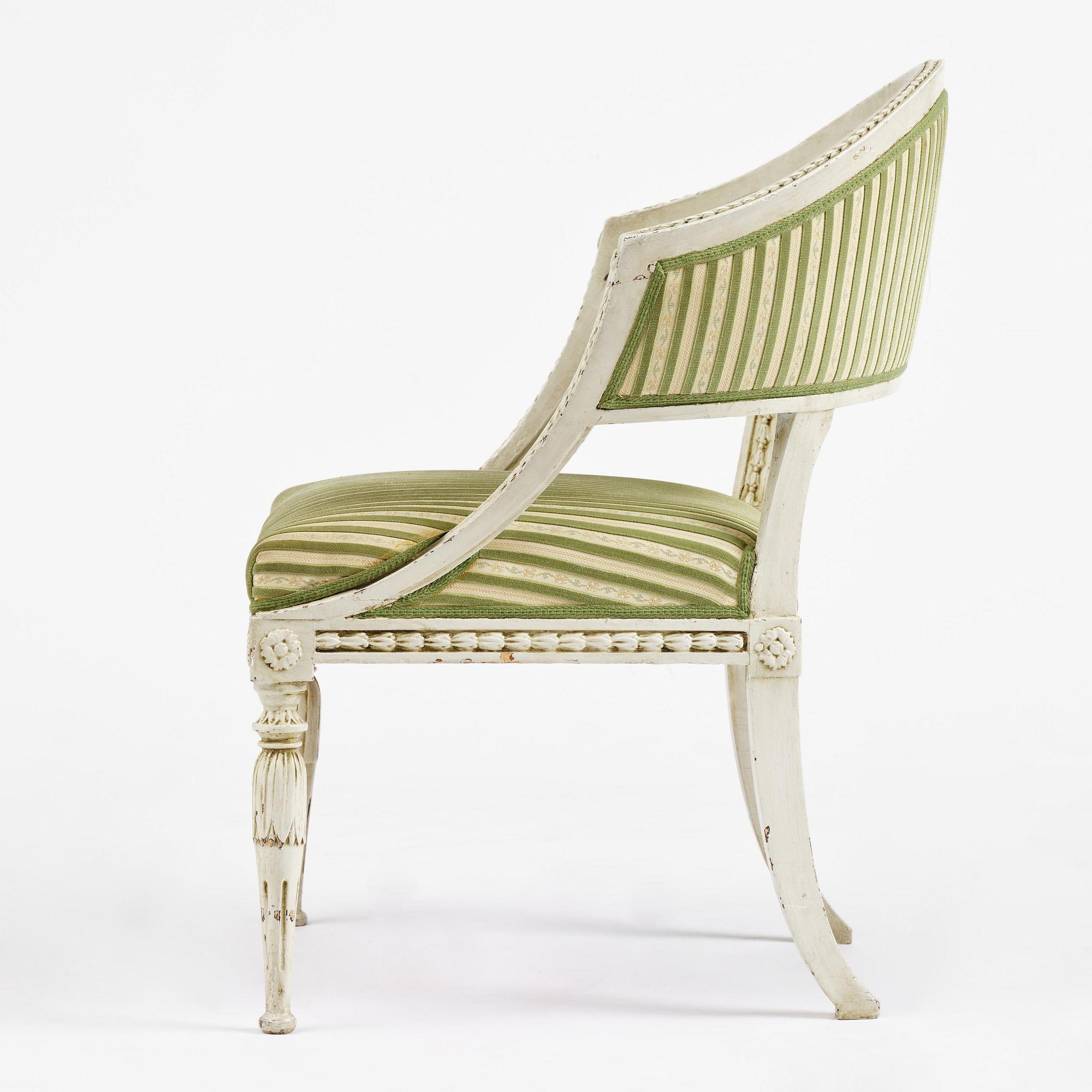 A late Gustavian open back armchair, Stockholm, late 18th century.