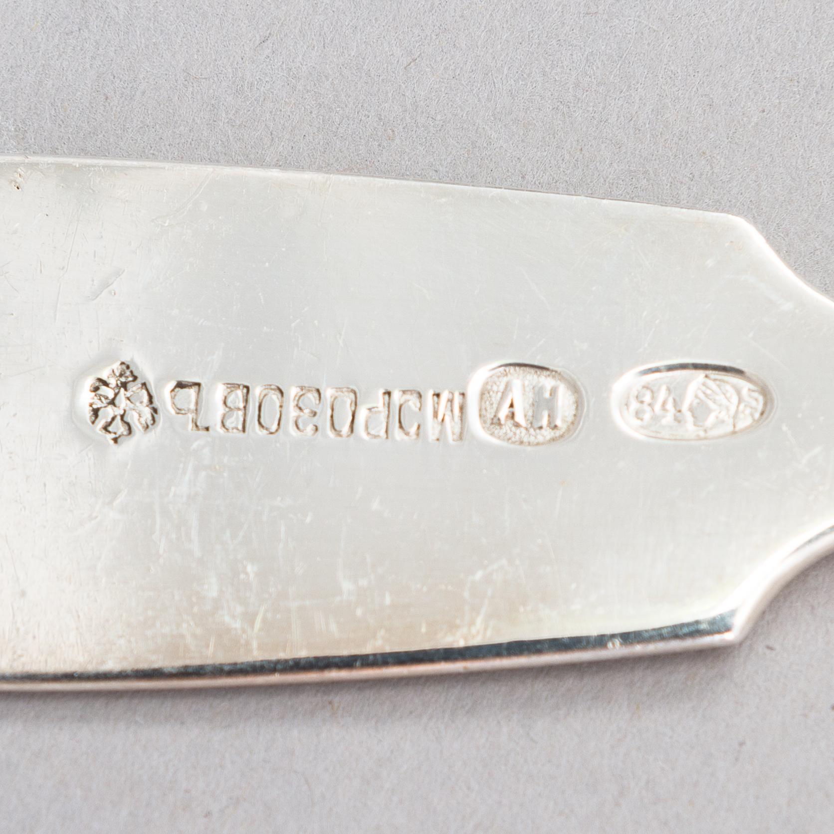 Dessertskedar, 6 st, silver, bl.a. Morosov, Ryssland kring sekelskiftet 1900.