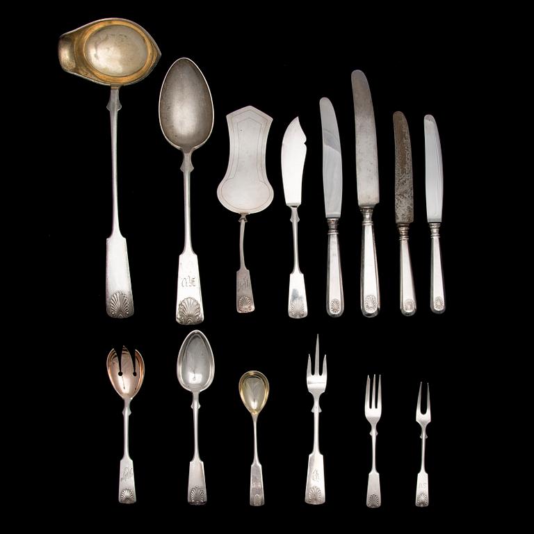 PARTI BESTICK, 86 delar, "Mussla", finska stämplar, 1920-30-tal. Vikt utan knivar 1900 g.