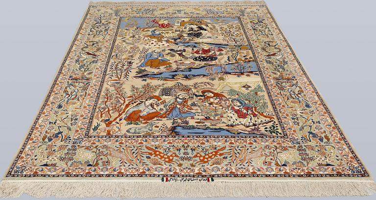 A Figural Isfahan carpet, part silk, 238 x 160 cm.