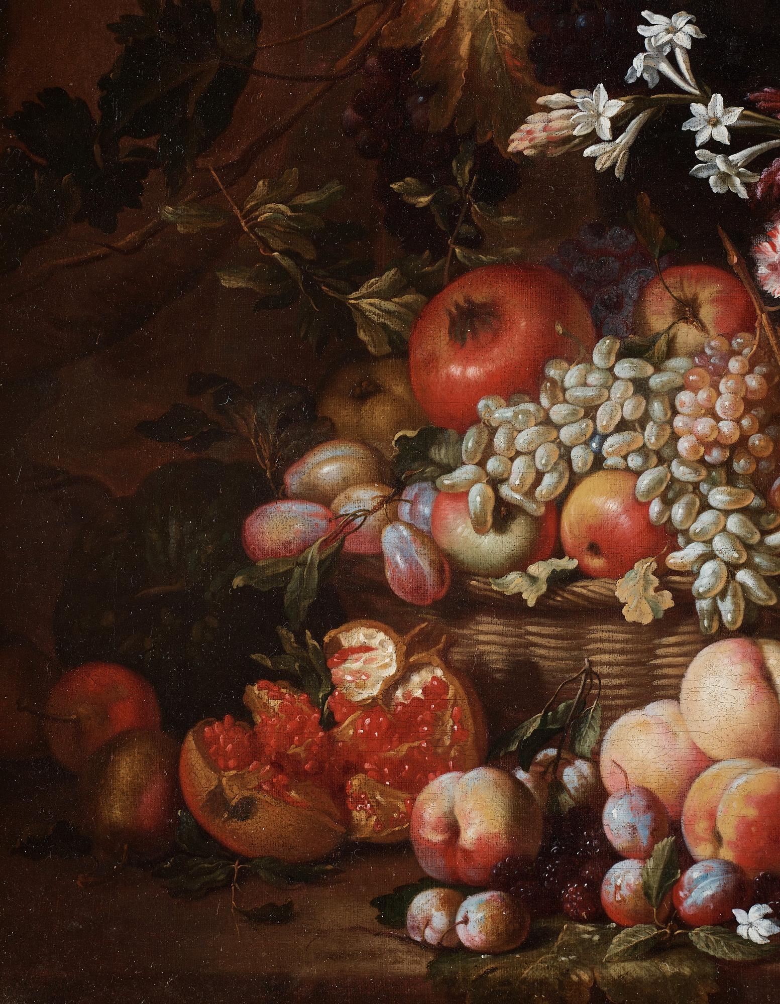 Abraham Brueghel & Guillaume Courtois Tillskriven, Allegorisk kvinnofigur med blommor och frukter.