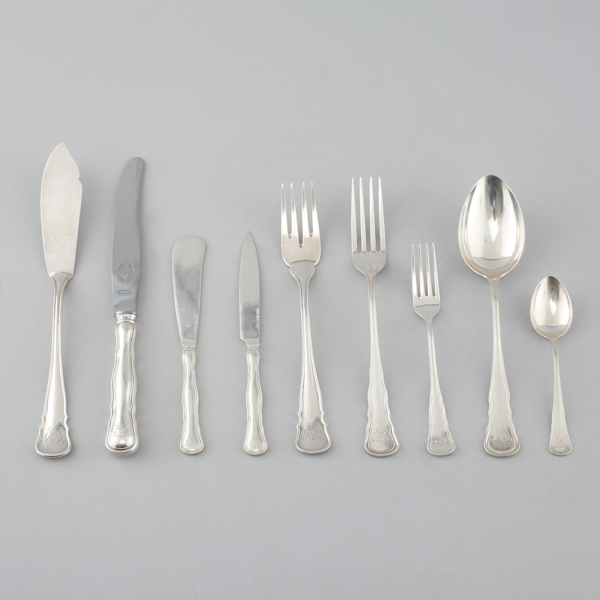 BESTICK, 88 st, silver och rostfritt stål, "chippendale", C.G Hallberg, merparten 1930-tal, ca 3100 g.