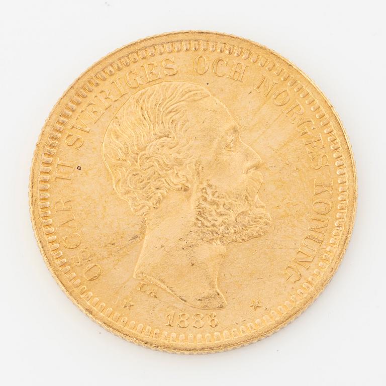 Gold coin, Oscar II, 20Kr, Type III, Sweden 1886.