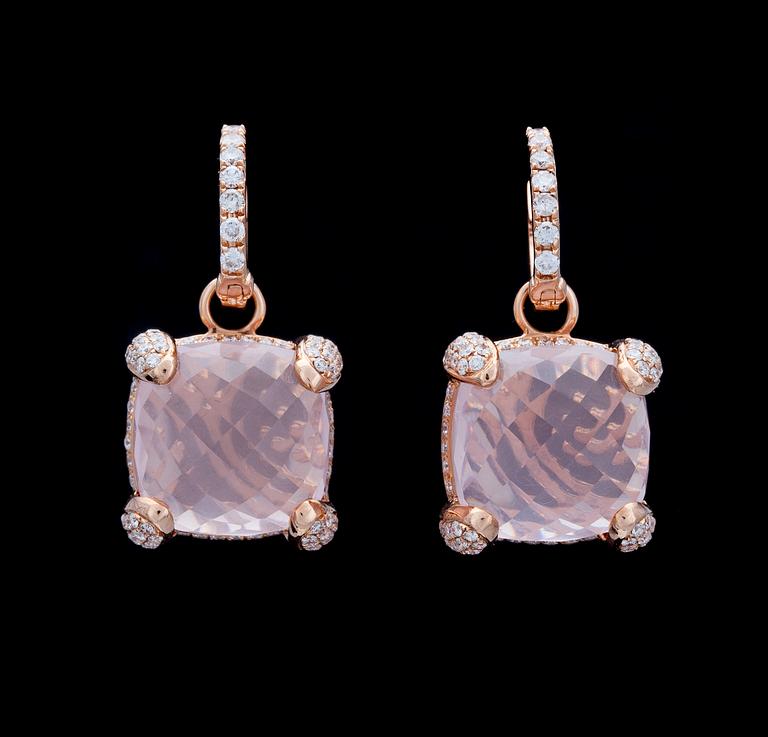 A pair of rose quartz and brilliant cut diamond earrings, tot. app 1 ct.