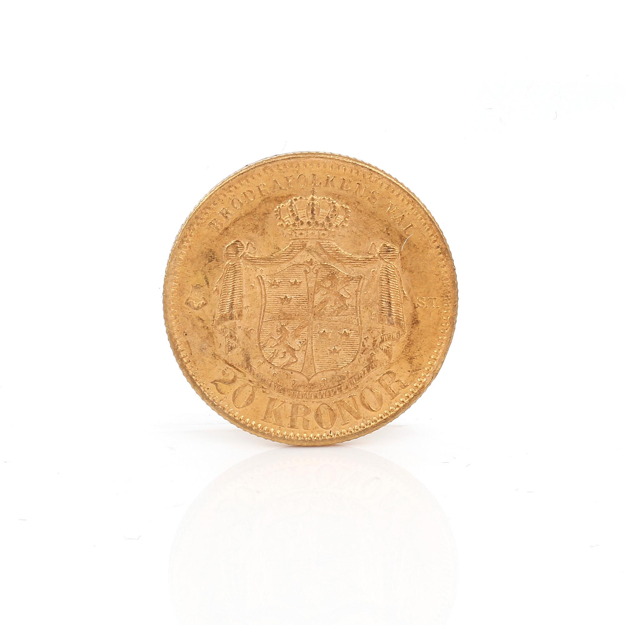 GULDMYNT, 20 kronor, Oscar II, Sverige och Norge, 1875. Vikt ca 9 gram.