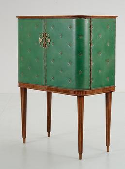 An Swedish bar cabinet with green leather and brass nails, unknown designer probably not Boet, 1940's.