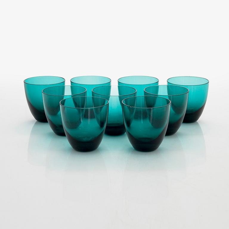 Nanny Still,  9 + 6drinking glasses, and a jug, model T/335, "Nukkumatti", Riihimäen Lasi.