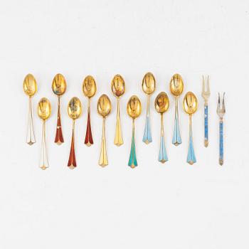 A Set of Norwegian Sterling Silver and Enamel Mocha Spoons and Forks (12+2 pieces).