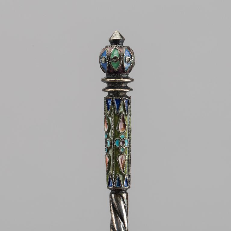 A set of six Russian silver and enamel spoons, around 1900 weight ca 195 gr.