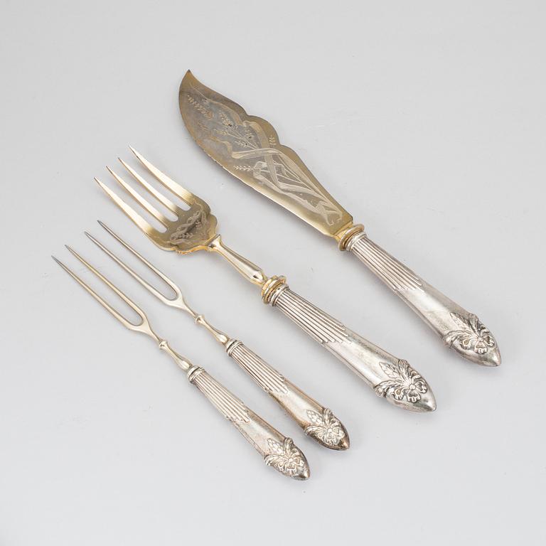 a four piece silver cutlery, with Swedish hallmarks. Weight including parts in silver plated brass ca 319 g.